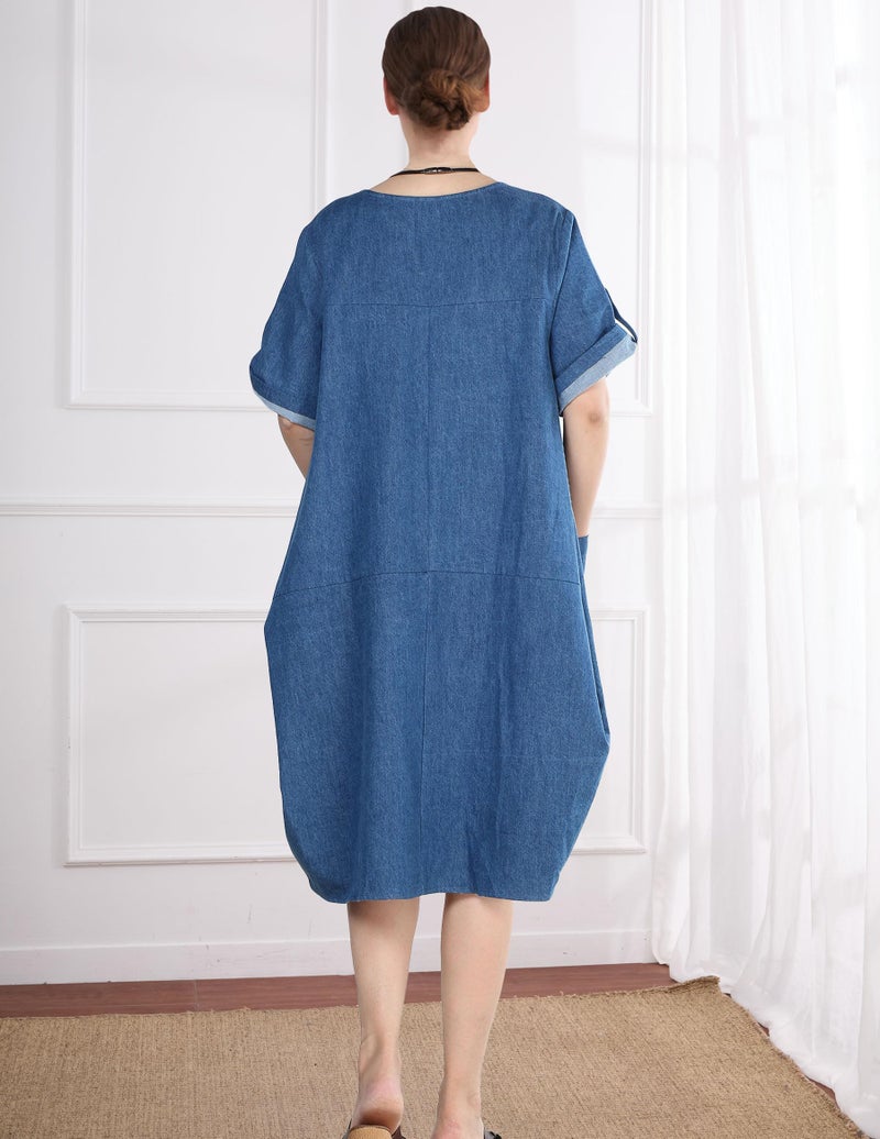 Minibee Women's Ruffle Oversize Casual Midi Dresses with Pockets (L, Denim Blue) - Image 3